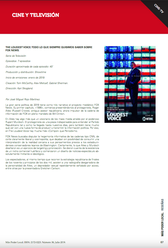 MasPoderLocal's tweet image. 📺Como sabéis, además de mucha investigación y divulgación en nuestros números siempre hay un hueco para las series y el cine. Aquí os dejamos dos de nuestras últimas recomendaciones: The loudest voice (Showtime) y Vota Juan (TNT).

#FelizDomingo
#Series #MásPoderLocal.