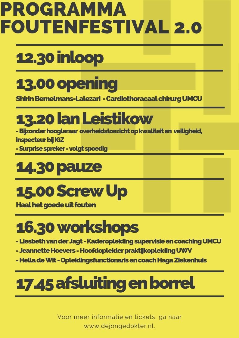 JongeDokter's tweet photo. Ben je inmiddels ook zo benieuwd naar de inhoud van het Foutenfestival van 16 november? Hierbij vast het programma van de dag. Houd ons in de gaten voor meer informatie over de sprekers en workshops.
Bestel je tickets hier https://t.co/m0m4LgY0Aq https://t.co/vpxUXbXn0d