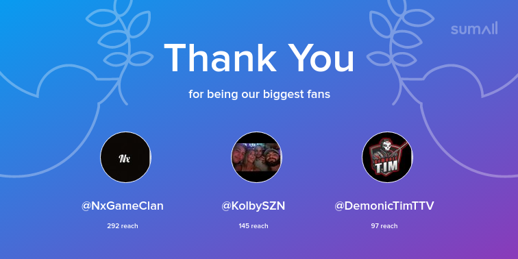 TSchneidArt's tweet photo. Our biggest fans this week: NxGameClan, KolbySZN, DemonicTimTTV. Thank you! via https://t.co/dqJD58bQ0e https://t.co/w0Lf7qUgqJ