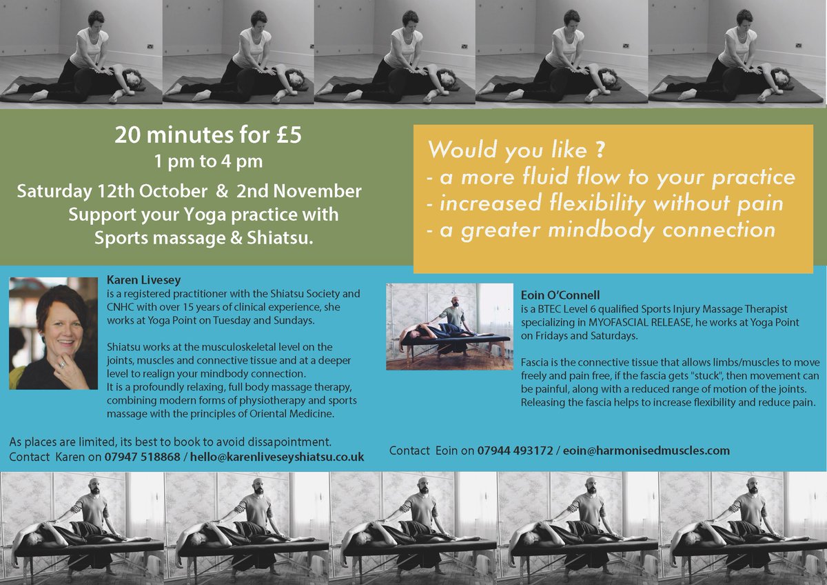 karenlivesey's tweet image. Autumn tasters on Saturday 12th, 1-4 pm @yogapointbrixton Myofascial release through Shiatsu and Sports massage. Guaranteed to  ease your aches and pains, &amp;amp; increase flexibility. Text to book &amp;amp; please share. #treat #myofascialrelease #shiatsu #sportsmassage @harmonised_muscles