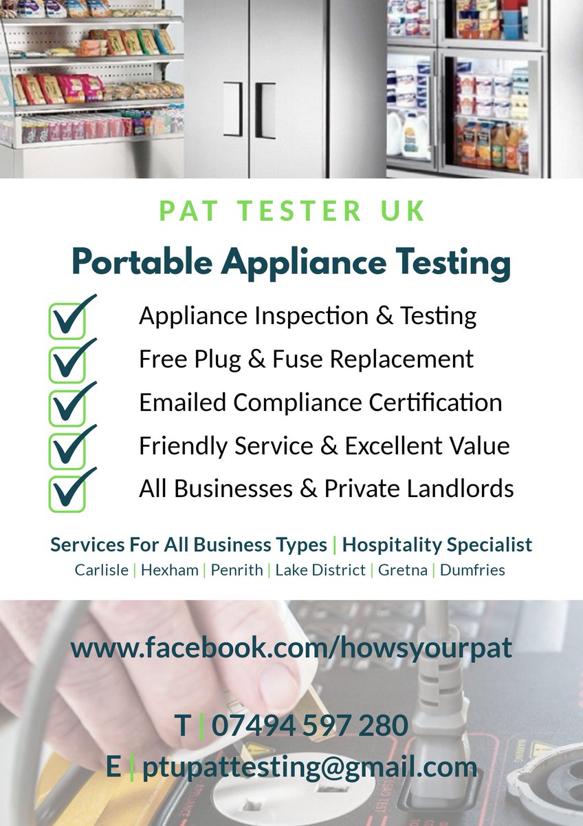 PATTesterUK1's tweet photo. Portable Appliance Testing
Services for all #business types, #privatelandlords #businesscarlisle
#smallbusinessowners #lovecarlisle @BestOfCumbria
#Carlisle #Cumbria #Gretna #Hexham #Penrith #Keswick #Kendal #Whitehaven #Workington #Dumfries #lakedistrict #PATTested #PATtesting https://t.co/UcMj9kHU6m