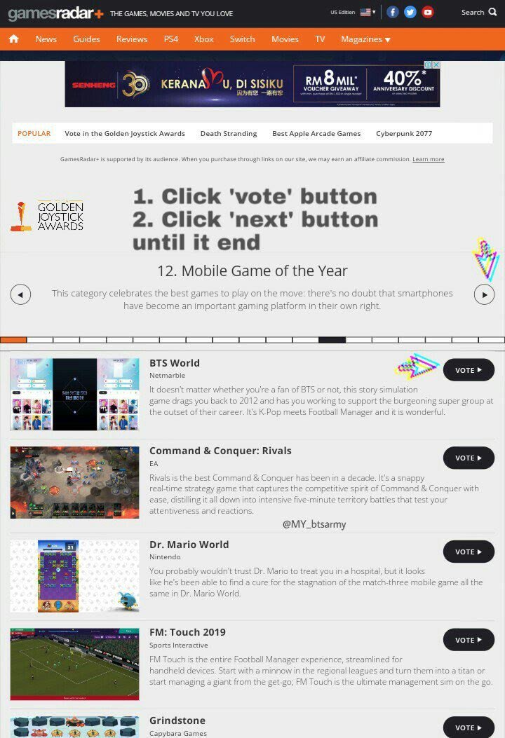 MY_btsarmy's tweet photo. <Golden Joystick Awards>

Vote BTS World for 'Mobile Game of The Year' category! ✨

🔗: https://t.co/1hVle8jqVP

• 1 vote per email
• Skip other categories
• End, Oct 24

#PCAs #TheGroup #BTS @BTS_twt https://t.co/aSQ5iKph1L
