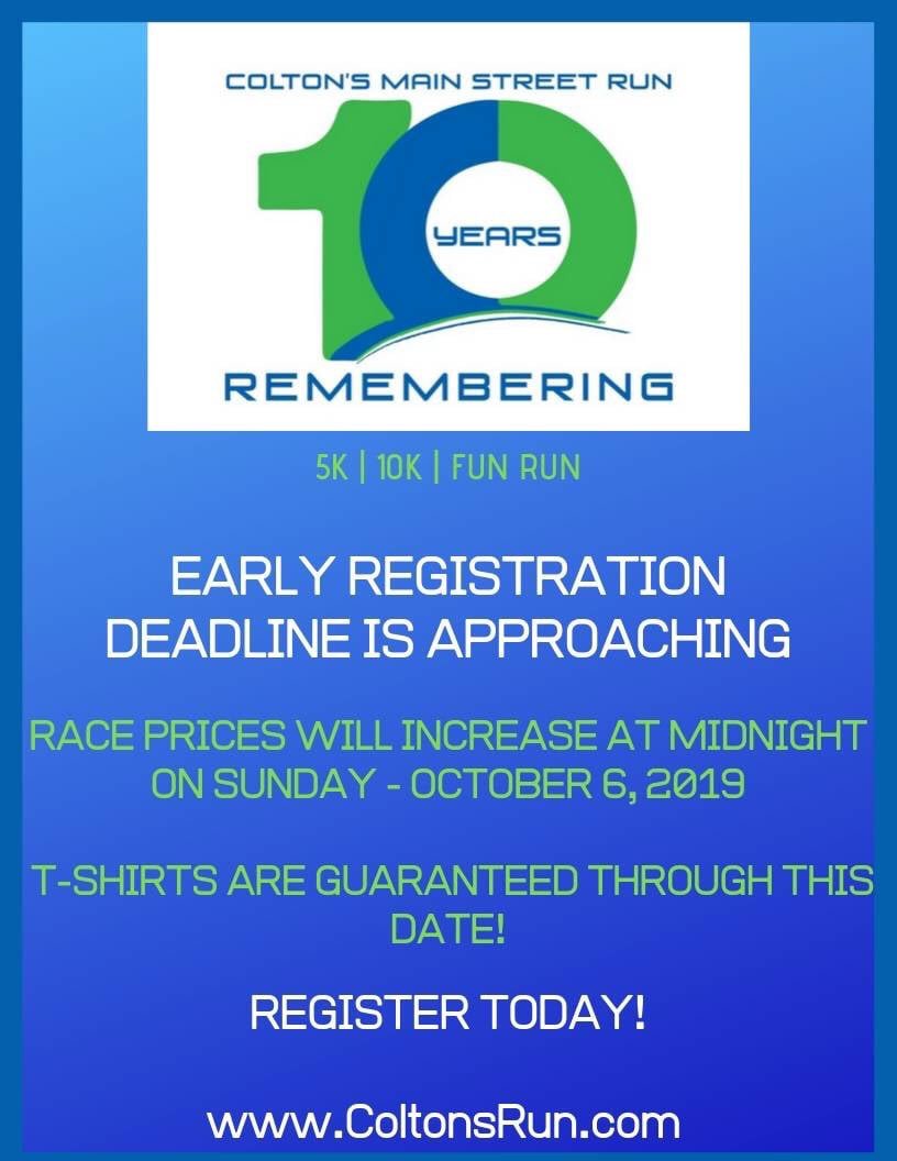 Coltons_Run's tweet photo. Today is the Early Registration Deadline for Colton’s Run, so be sure to register before midnight to save! #ColtonsRun #ColtonsRunX #DowntownDurant #Run #IStillRunForColton #5K #10K #FunRun #Oklahoma #TravelOK https://t.co/6BWTD1IL9t