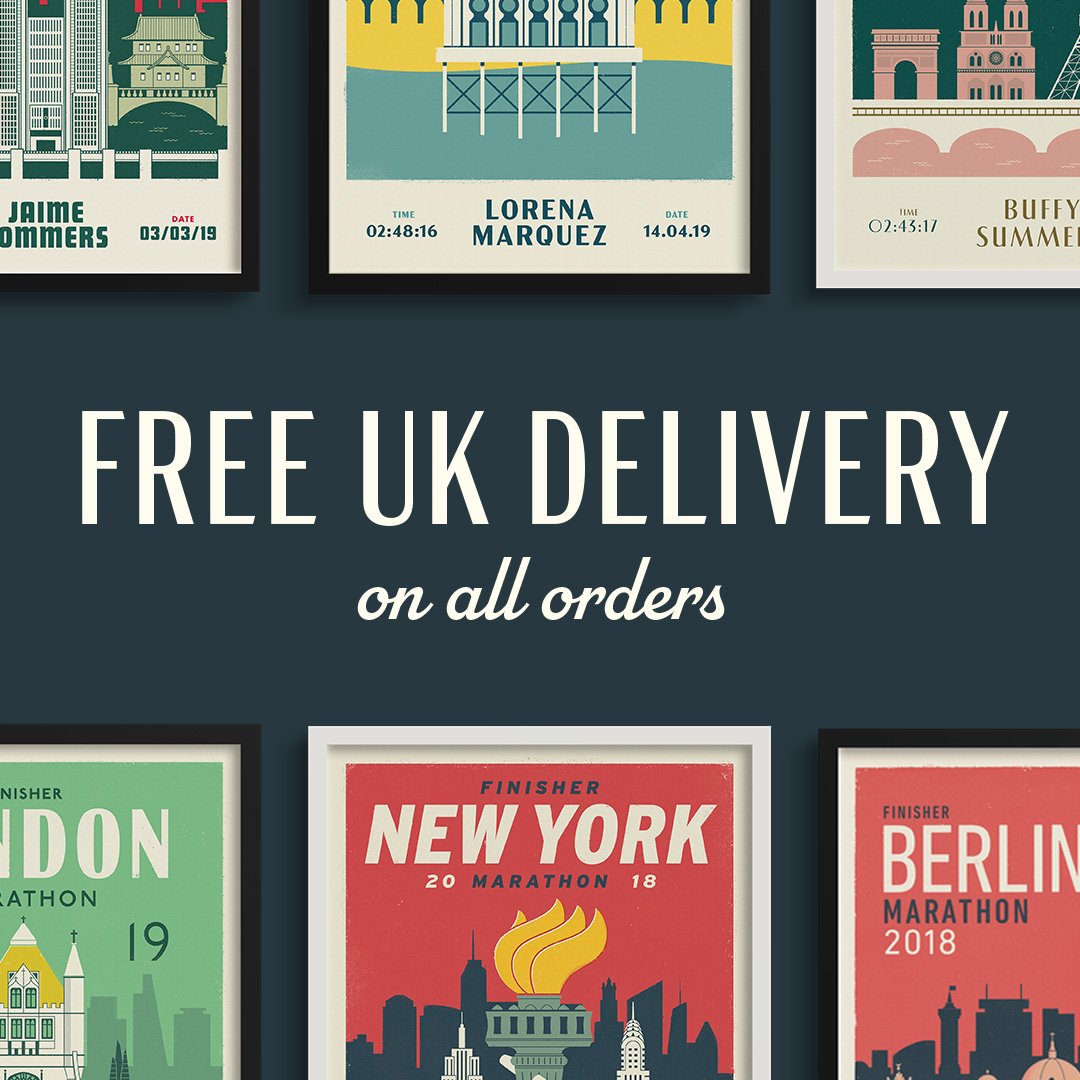 Enjoy FREE shipping on all UK orders plus a 20% discount on your 1st order if you sign up to our newsletter. Our prints are made using high quality paper &amp; can be customised with your name, finish time &amp; the year of your race. A great gift for yourself or the runner in your life.