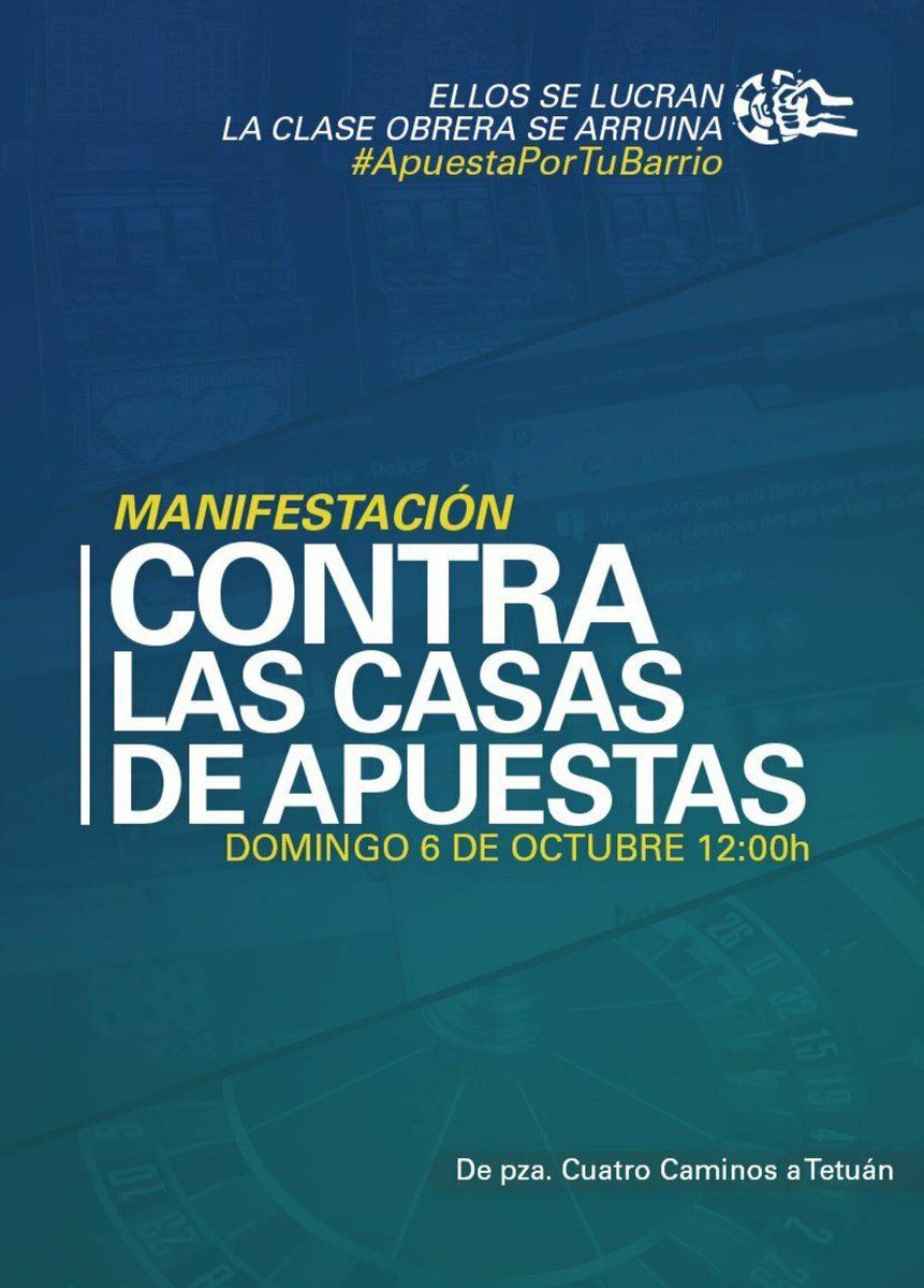 PabloIglesias's tweet photo. Comienza en Madrid la manifestación contra las casas de apuestas que destruyen el futuro de miles de jóvenes y adultos. En los barrios más pobres de nuestras ciudades hay una casa de apuestas cada 100 metros. Movilicémonos contra los mercaderes de la ilusión y el engaño. https://t.co/c2yHU9O8SY