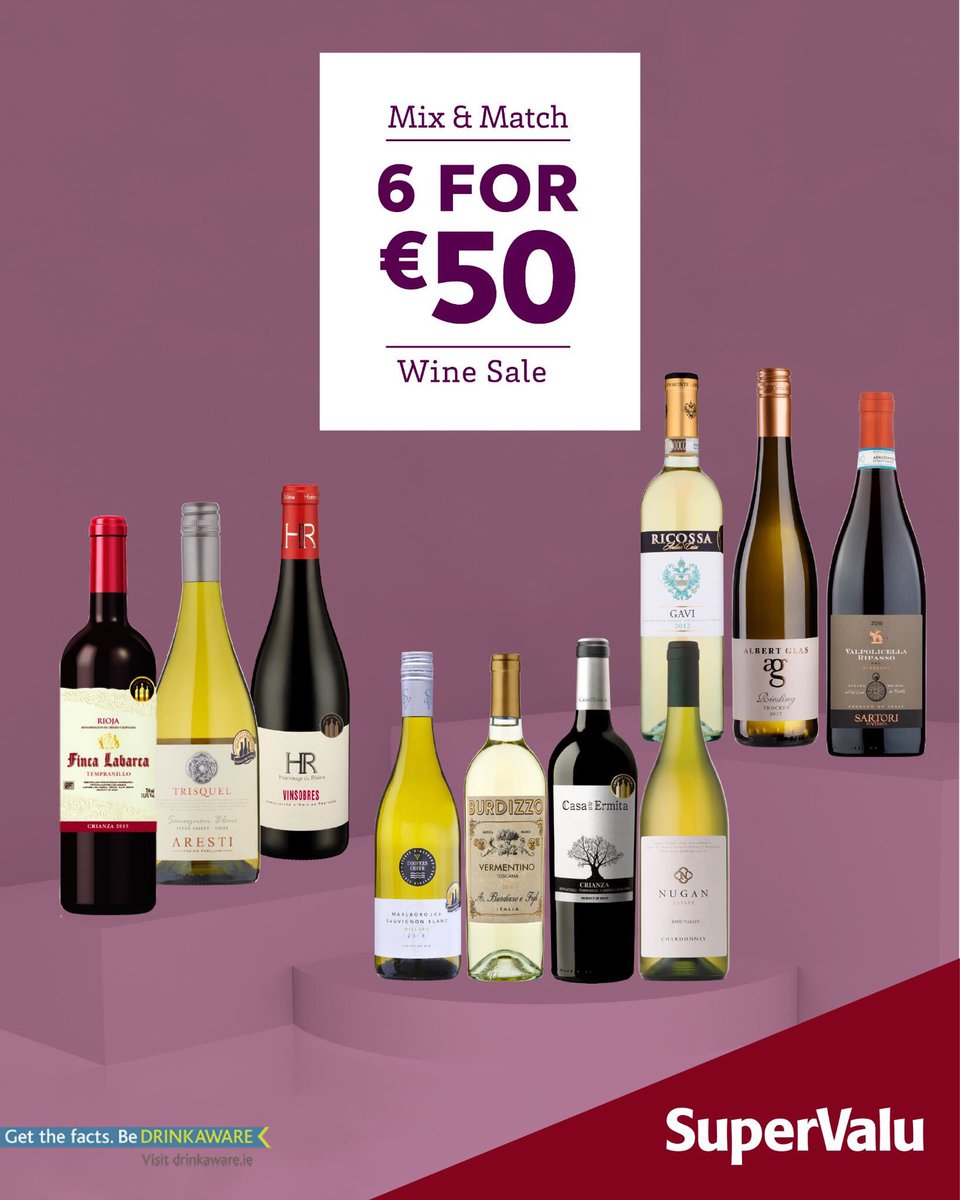 We have some great offers <a href="/SuperValuIRL/">SuperValu Ireland</a> We have some very classy wines at prices that represent everyday value.

Rioja Reserva - Vinsobre Rhône Valley - Ripasso - Marlborough Sauv Blanc - Gavi - QBA Riesling as well as some classing Spanish &amp; quality Aussie Chardonnay