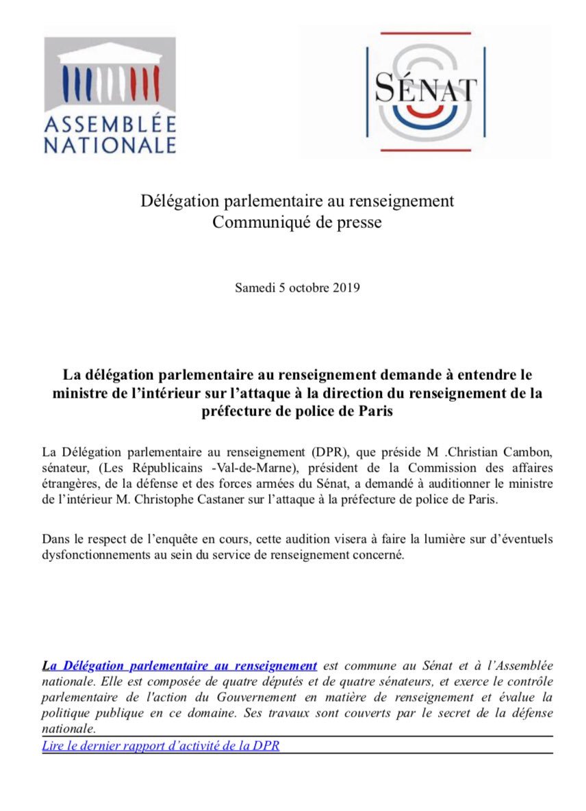 PatriceVerchere's tweet image. Suite l’attaque ignoble à la #DRPP le ministre de l'Intérieur #Castaner sera auditionné par la délégation parlementaire au renseignement dont je suis membre. Toute la lumière doit être faite d’autant que l’assassin travaillait au sein de la #DRPP &amp;amp; était habilité secret défense !