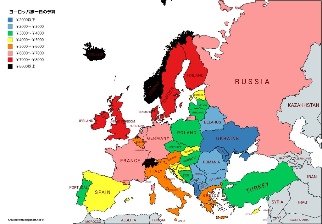 Twitter 上的 小山のぶよ 世界半周中の翻訳してる人 ヨーロッパ ほぼ全国 リヒテンシュタインごめん に行ったのでバックパッカースタイル旅一日の予算を色分けしてみた 昼はレストラン 夜は自炊 ホステル泊 移動100km 観光地1ヶ所入場 の場合