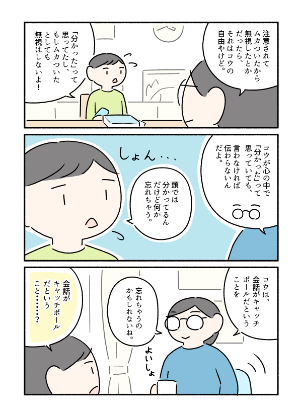 会話のキャッチボールについてコウと話したよ、というマンガです。 