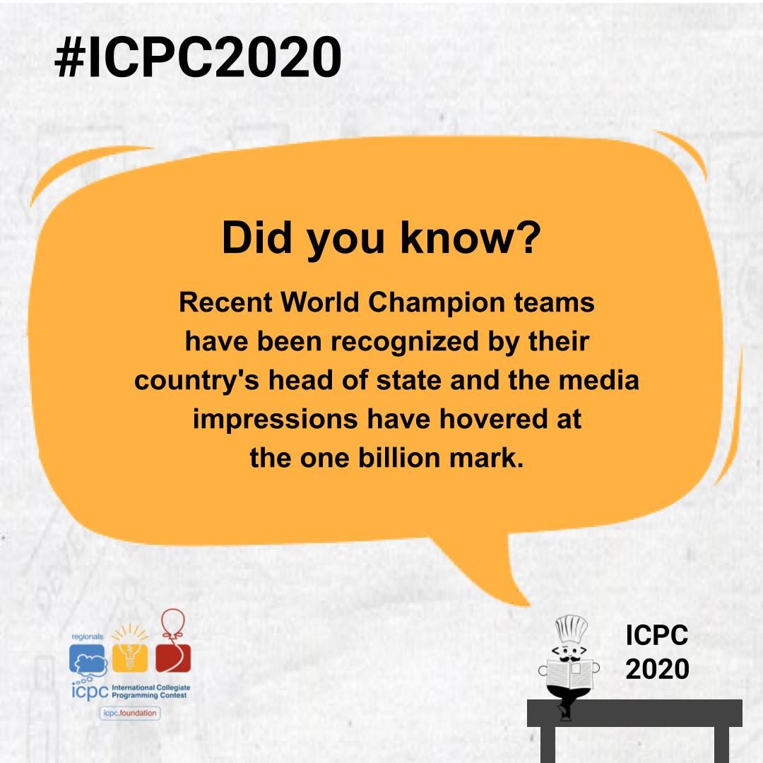 codechef's tweet photo. Did you know?
The ICPC World Finals is the final round of competition. Over its history it has become a 4-day event held in the finest venues worldwide with 140 teams competing in the 2018 World Finals.
Visit: https://t.co/TPmEDCawbE
#CodeChef #GoforGold #ICPC2020 #ICPCFact https://t.co/YS7MDDVKEo