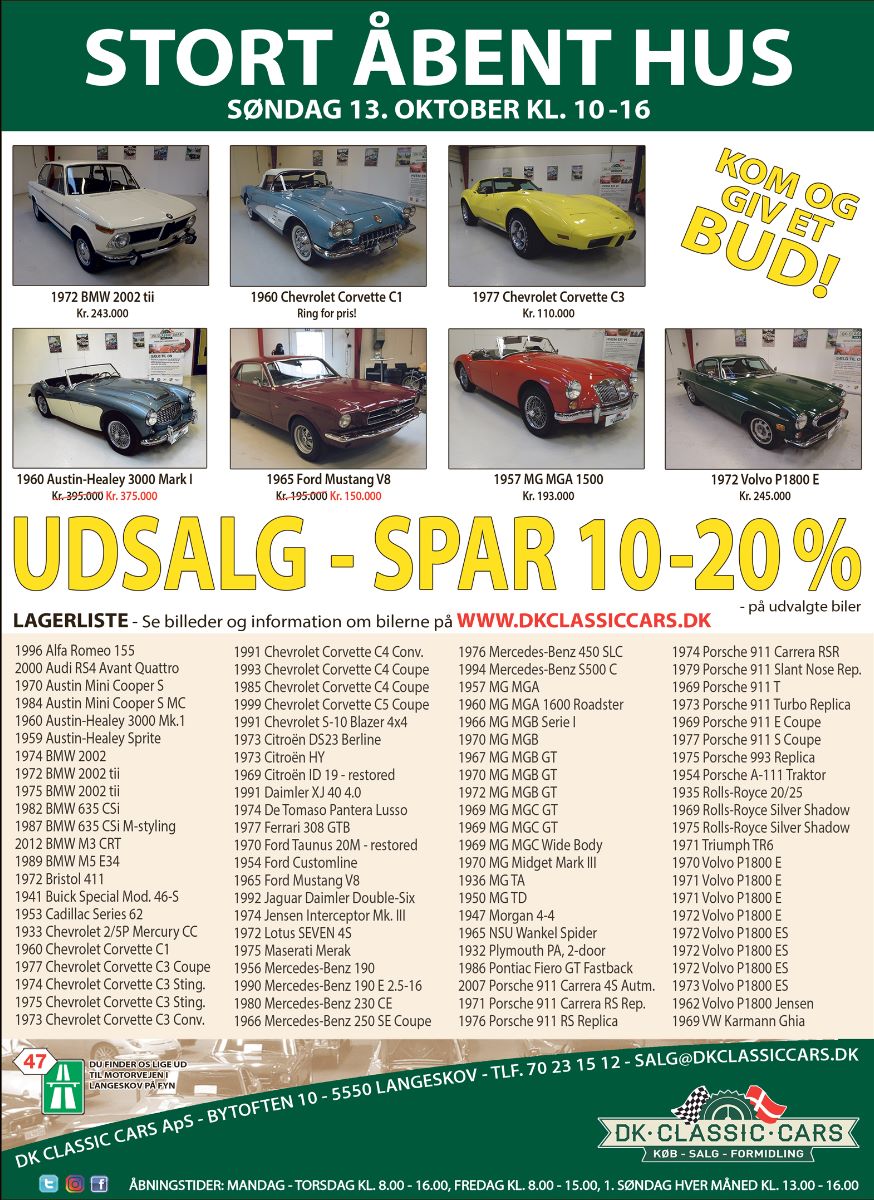 DKClassicCars's tweet photo. Stort åbent hus og udsalg hos DK Classic Cars søndag den 13. oktober kl. 10-16.

DK Classic Cars - Bytoften 10 - 5550 Langeskov. https://t.co/dpdAnXh46F