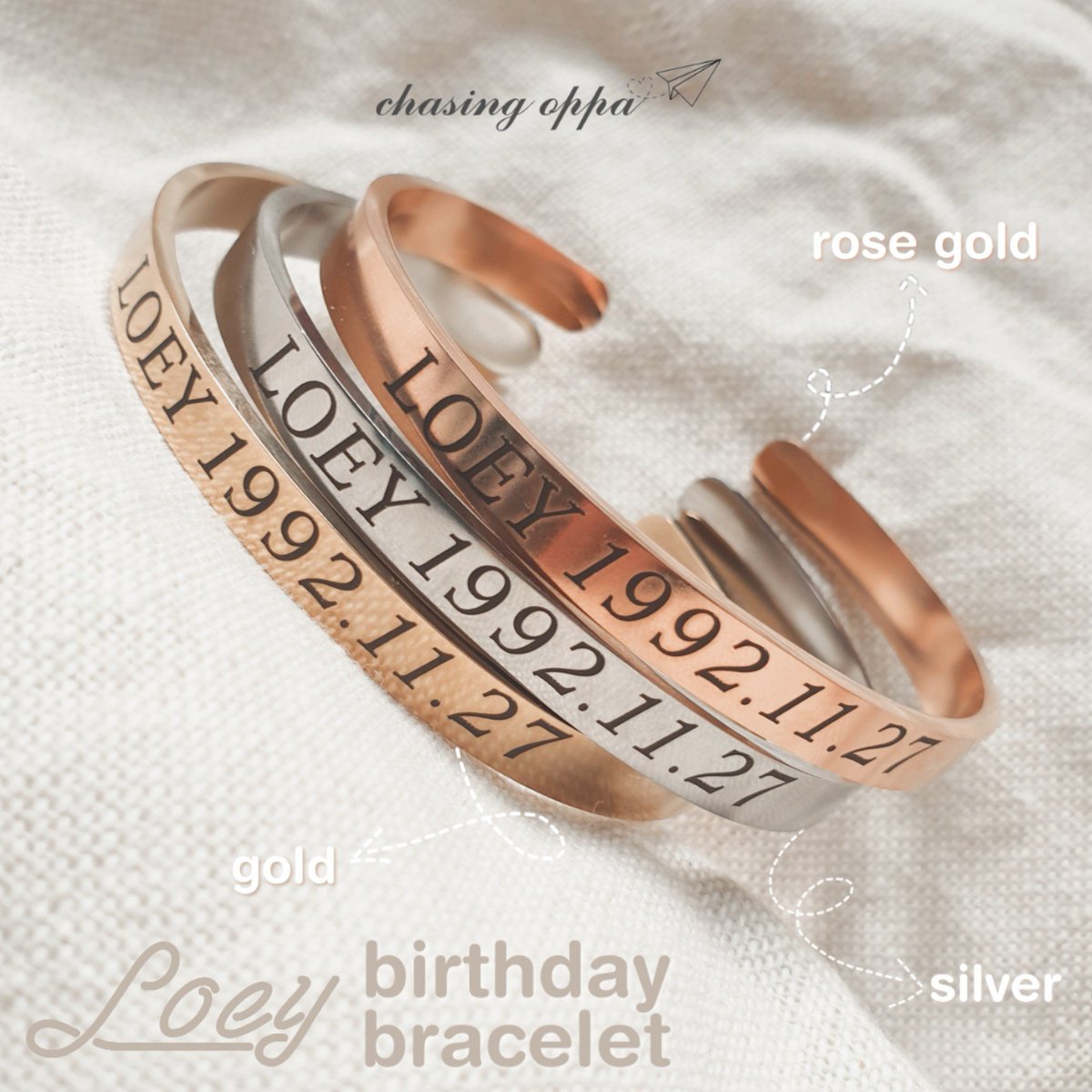 ChasingOppa's tweet photo. [PO - Loey Birthday Bracelet]

Material: Stainless

Color: Gold / Silver / Rose Gold

Price: SGD 7 / IDR 75,000

Pre-order Deadline: 2 November 2019 11:59 PM SGT

*For Group Order kindly please DM us first😊

Please contact us via DM / Line if you have any questions.

Thankyou 💕 https://t.co/nL1qUuhvnh