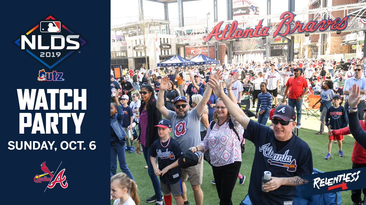 Braves's tweet photo. Surround yourself with Braves fans at today’s NLDS Game 3 Watch Party in the @BatteryATL! 

The fun starts at 3:30 p.m.

🔗 https://t.co/VUAb1CtpdL https://t.co/itXAwVloNs
