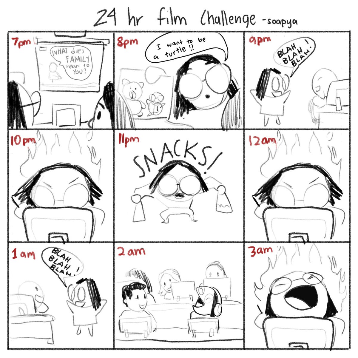 did the 24 hr animation challenge yesterday and drew a lil comic about my experience!!