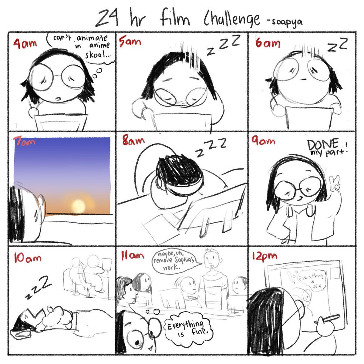did the 24 hr animation challenge yesterday and drew a lil comic about my experience!!