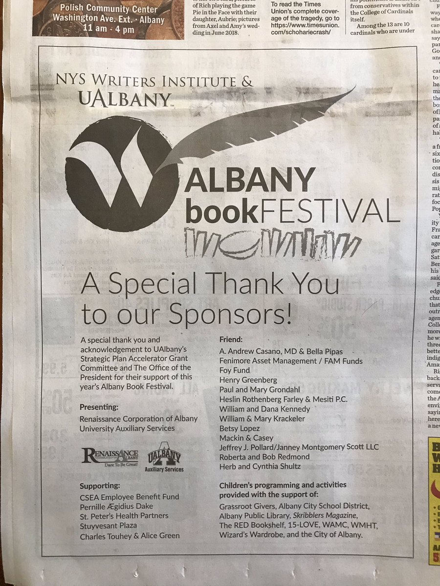 PaulGrondahl's tweet photo. And we say THANK YOU in today’s @timesunion to our wonderful sponsors of @nyswi  @ualbany #albanybookfestival  Your support helped make it a huge success. Please join us again next fall. @HavidanUAlbany @UASAlbany @StuyvesantPlaza @ualbanyalumni https://t.co/htoZs6wro7