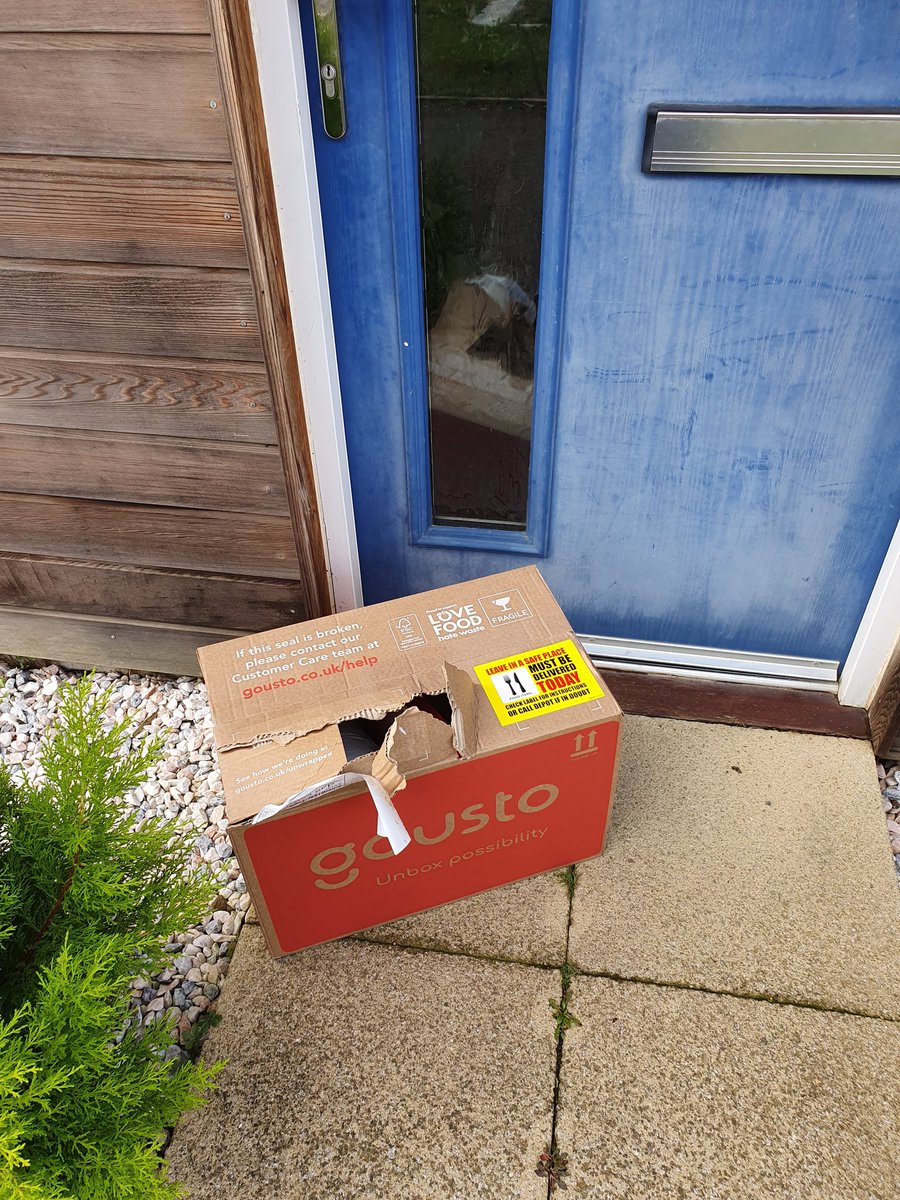 inCTRLdesign's tweet photo. @gousto @dpd big yellow sticker saying leave in a safe place. Our front door is right next to a footpath on a main road. Anything wrong with our back garden which is enclosed with a wall. Or leaving it in the garage which I asked. https://t.co/k5Vb64M4v4