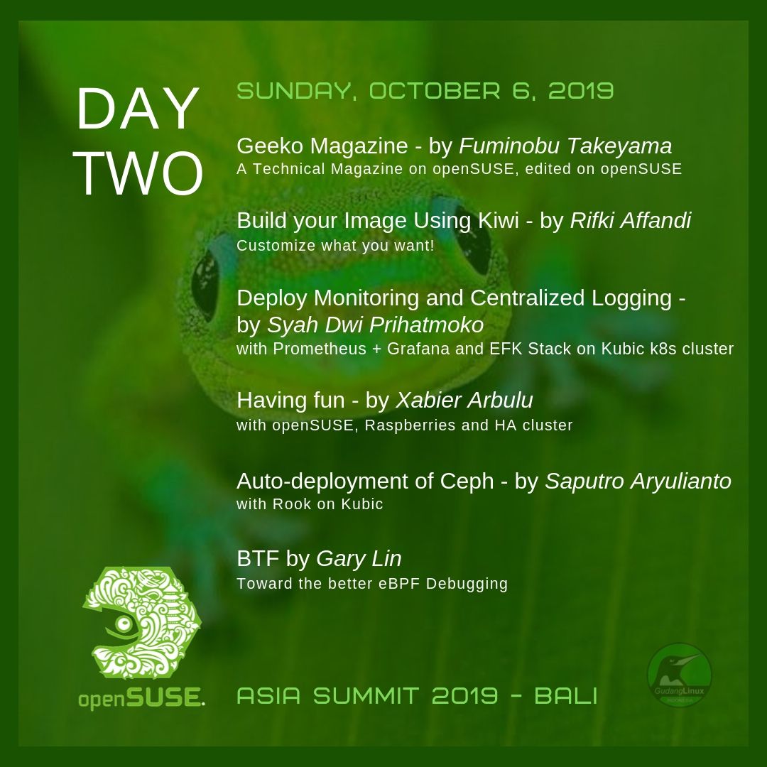 gudanglinux's tweet image. Day Two | OpenSUSE Asia Summit 2019 | Bali | bit.ly/30TfHfM

#bali #unud #teknologiinformatika #jimbaran #suselinux #opensuse #asia #summit #daytwo #oSAS19 @openSUSEID @openSUSE
#gudanglinux #linux #opensource #udayanauniversity
