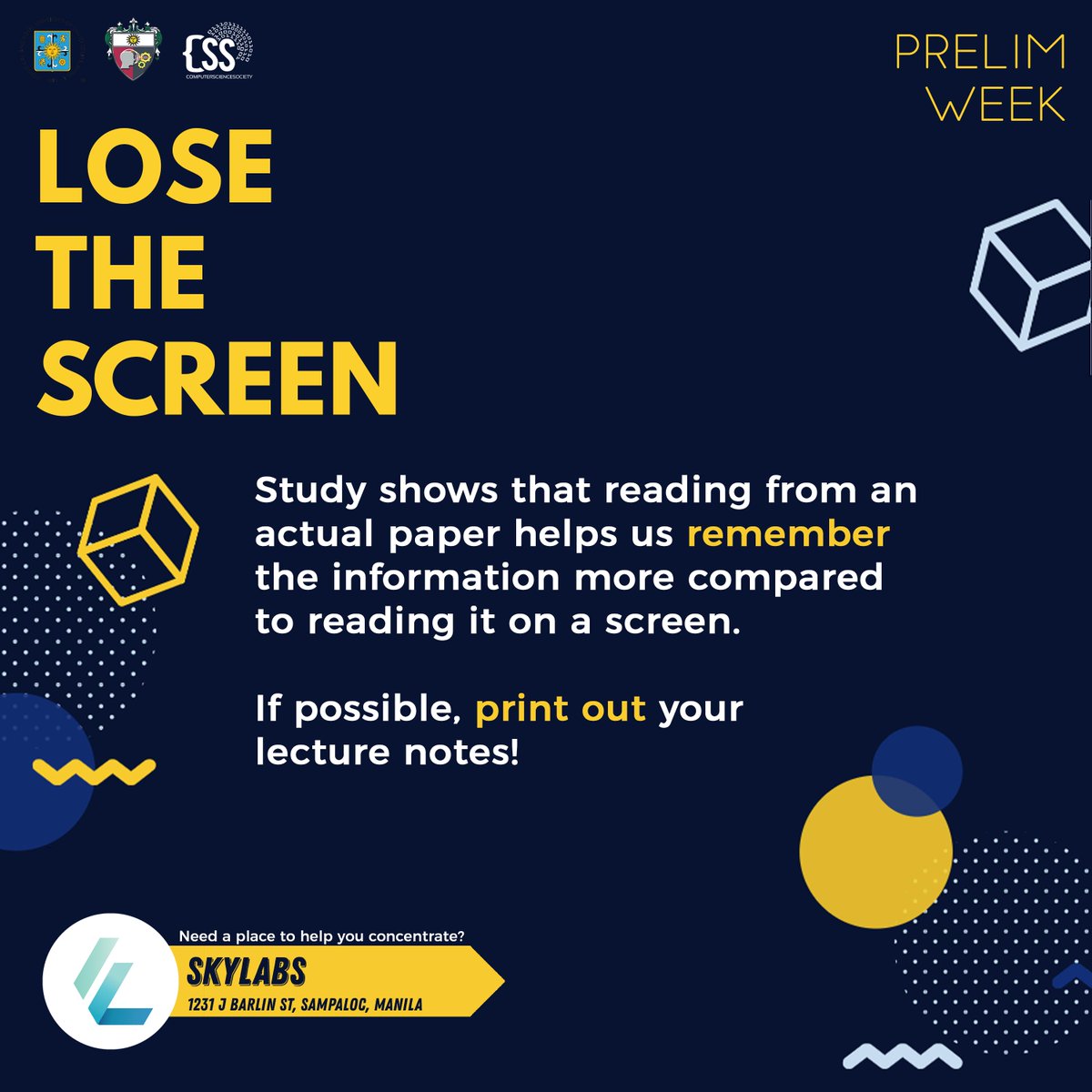 USTCSS's tweet photo. Still have lots to study but your eyes are already tired? Study Tip #3: try to ease your tired eyes by printing out lectures! 

Amp up your focus, bring your print-outs, and spend an afternoon in the productive premises of Skylabs.💙

#SayYesToCSS https://t.co/NjJaAgPYJ3