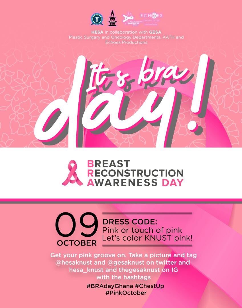 It's BRA‼️
Breast Reconstruction Awareness 😉
Get your pink groove on this 9th of October as we observe BRA!! 
#BRAdayGhana 
#ChestUp
#PinkOctoberk
Let's color KNUST pink in the spirit of breast reconstruction awareness!💃🏾💃🏾💞

#KNUSTLive