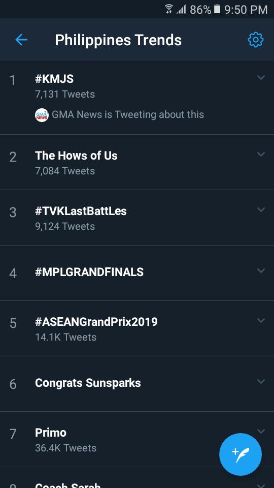 davidcambay's tweet photo. Top Spot Nationwide, as of 9:50 pm PHT! #KMJS https://t.co/xVL1whTzNG