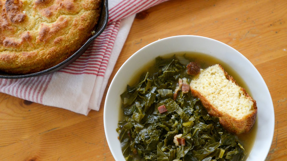 BitterSouth's tweet image. Finally feels like fall. What’s on the stove? We’re thinking about making The Potlikker Greens and Skillet Cornbread in @shericastle’s “The 7 Essential Southern Dishes.” bittersoutherner.com/the-seven-esse… #recipe