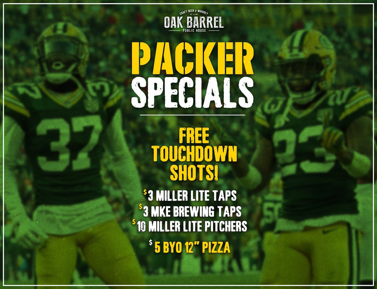 OakBarrelMKE's tweet image. Watch the #PackerGame with us!!! 😎

Packer Specials:
$3 Miller Lite Tallboys
$3 Miller Lite Taps
$3 MKE Taps
$7 Tall Tito’s Mixers 
$10 Miller Lite Pitchers
$15 Bucket of 5 White Claw
$5 Build your own PIZZA 
TOUCHDOWN SHOTS 🏈