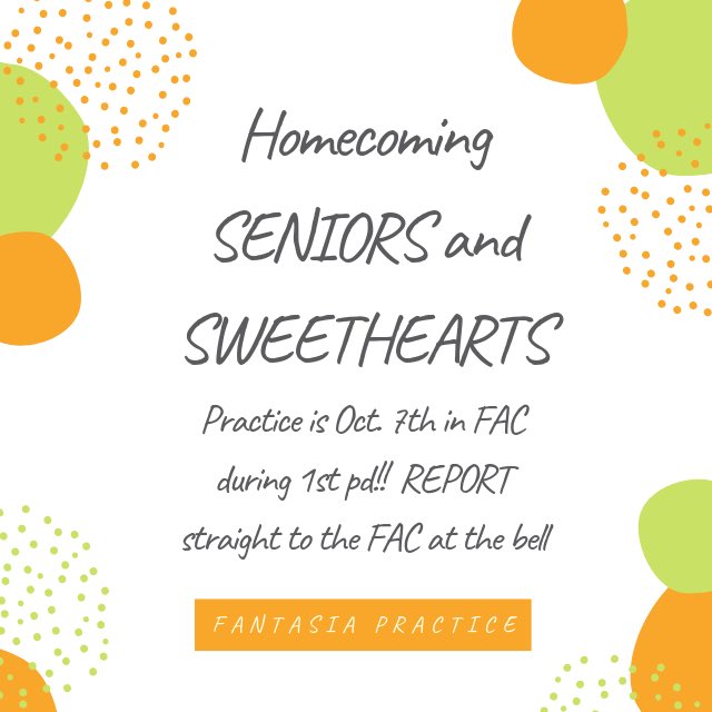 Mosley_SGA's tweet photo. ‼️Homecoming Candidates and  Sweethearts!!!‼️
REPORT straight to the Fine Arts Center at the bell! We will be practicing Fantasia line up! And SENIORS we will ALSO be practicing the field as well for GAME NIGHT Oct. 17th!! https://t.co/2gChF7DnfR