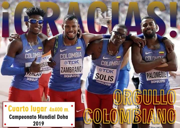 deportesradar's tweet photo. 🇨🇴 ESPECTACULAR COLOMBIA 🇨🇴

El equipo colombiano de 4x400m ha conseguido un extraordinario cuarto lugar en la final del Mundial de #Doha2019.

Colombia NUNCA había llegado a la final de un campeonato mundial en esta especialidad. Este cuarto lugar es algo histórico para el país. https://t.co/3Bk3dcMnZo