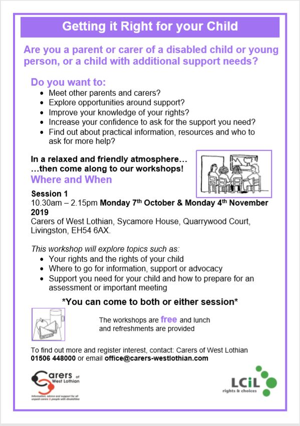LoveWestLothian's tweet photo. Carers of West Lothian and Lothian Centre for Inclusive Living workshops - Getting It Right for Your Child - are being held on Mon 7 Oct and Mon 4 Nov .  To find out more or register interest contact: Carers of West Lothian 01506 or email office@carers-westlothian.com https://t.co/vxJYWiNxnp
