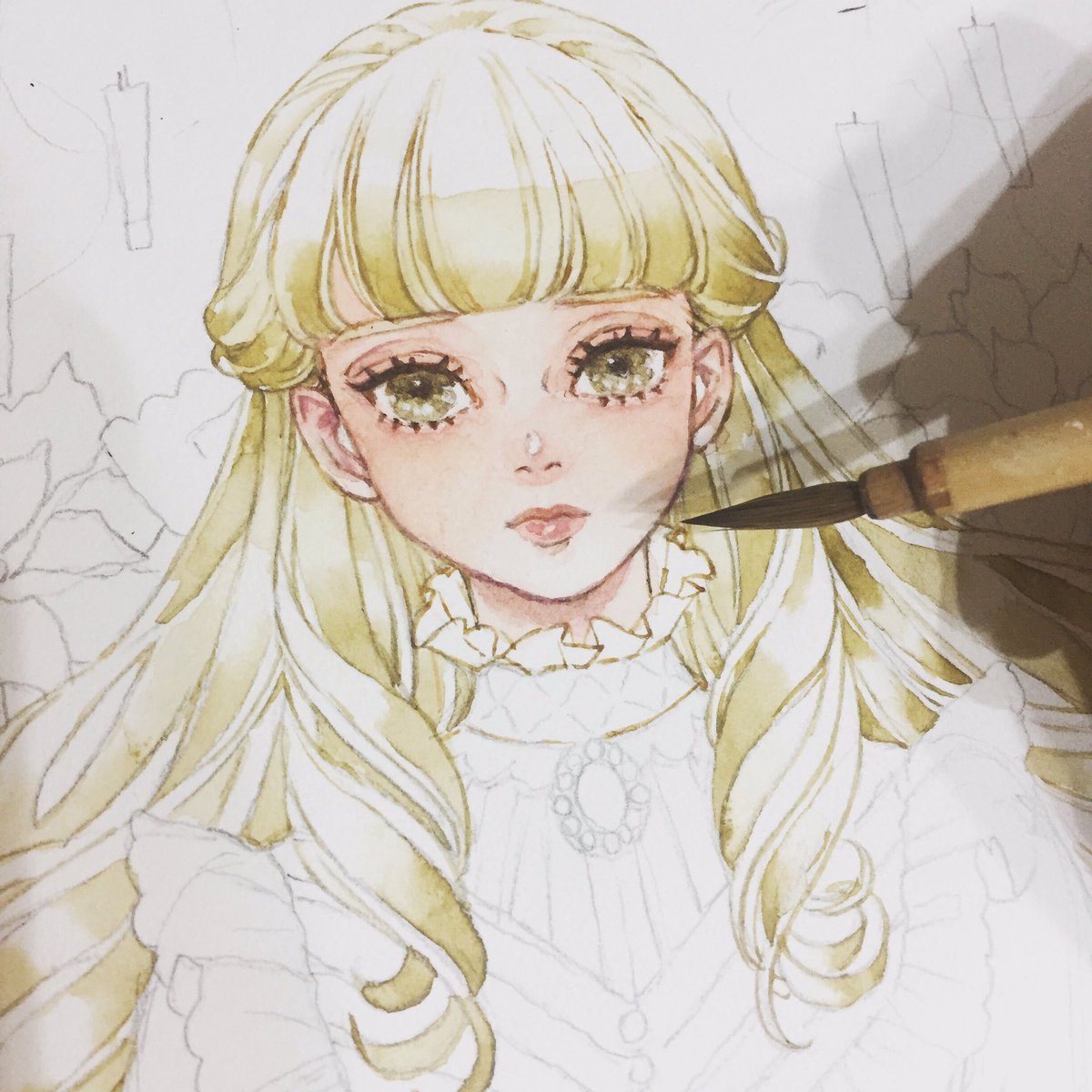 1girl blonde hair long hair solo traditional media bangs blunt bangs  illustration images