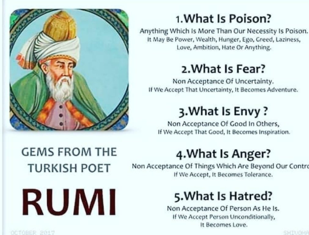 5. (habis) "Apa itu kebencian? Ketaksediaan menerima seseorg apa adanya. Dan jika kita terima org apa adanya, kan lahir cinta" Rumi

Sbgmn firmanNya:
"Niscaya Allah 'kan timbulkan kasih sayang antaramu dan org2 yg kaumusuhi di antara mrk. Dan Allah Maha Kuasa" (QS 60:7)