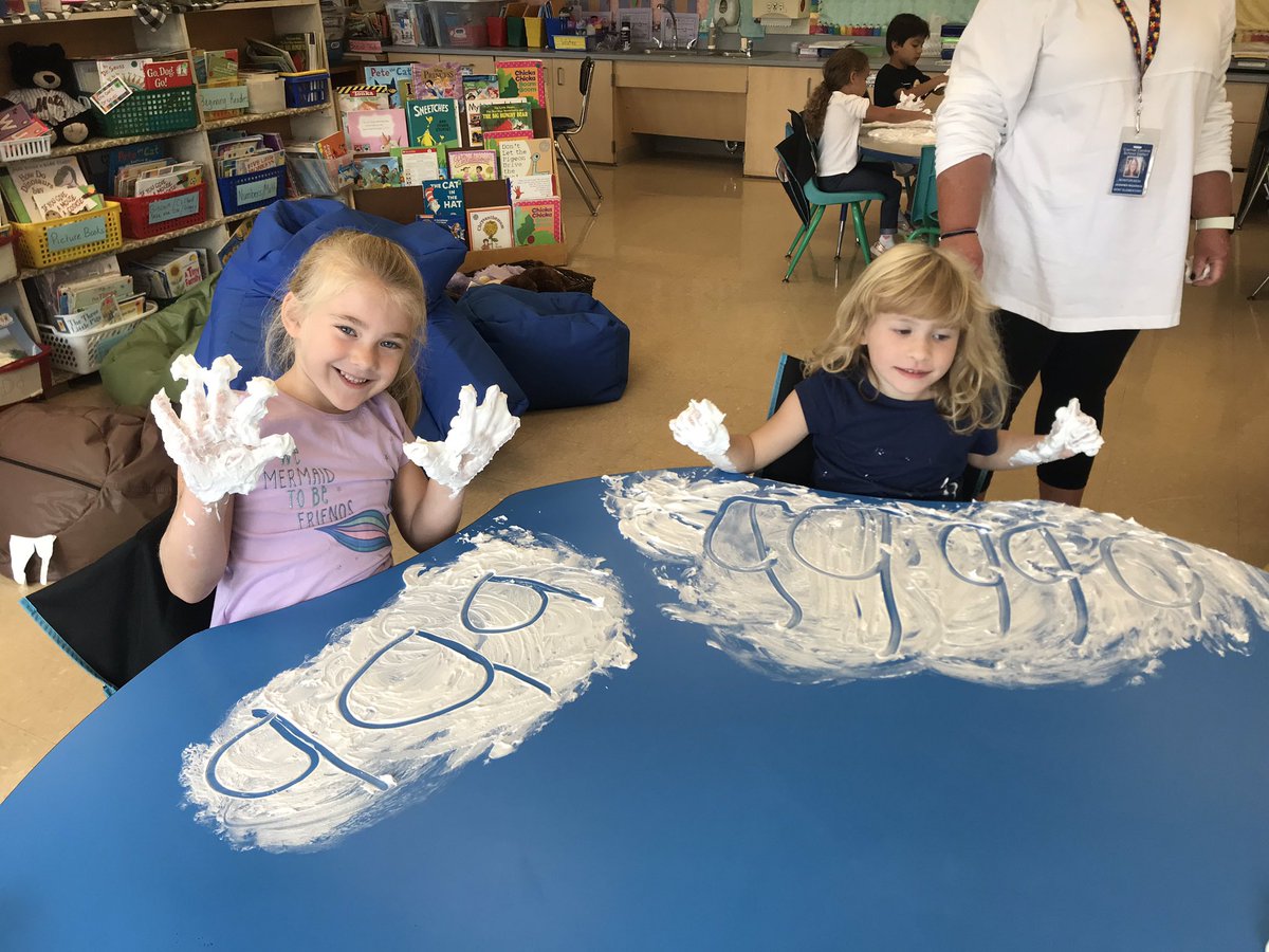 “Friday Fun Day” in Kindergarten!  Letter writing in shaving cream and thank you  Ms. Ostie for the fine motor leaf project!  @KESPrincipal6Cs @Carmelschools