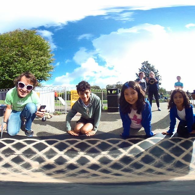 NickSayers's tweet photo. More Bicycle Spirograph drawing machine fun today at Hove Park Café. Here’s one of the sand patterns shot with my panoramic camera. The circular hypotrochoid becomes a line of sine waves! #polarpanorama #GiantDrawingMachines #funpalaces @funpalaces @hang… https://t.co/5Ph4Fr0xX5 https://t.co/35fDO0mIgC