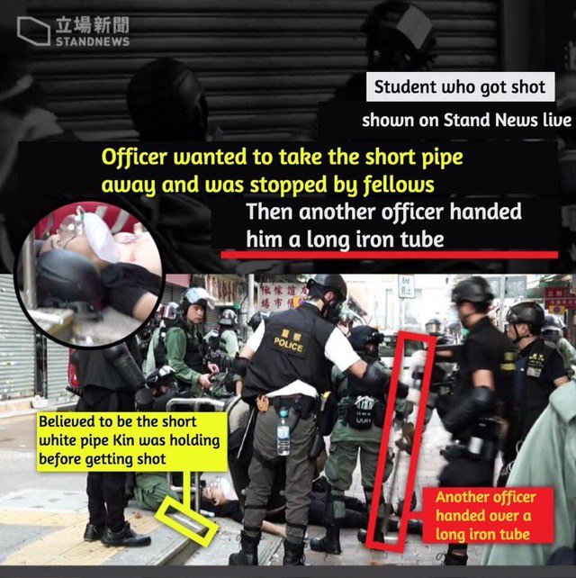 SummerInSmokeHK's tweet photo. #HKPolice was caught on camera planting a metal rod in place of the PVC one held by Oct 1 18yo gunshot victim. Now they refuse to comment on the material of the rod for @washingtonpost so that they can go on with their lies of firing a #liveround being “justified”.
#HKPoliceState https://t.co/Ld0JKZ9i6E