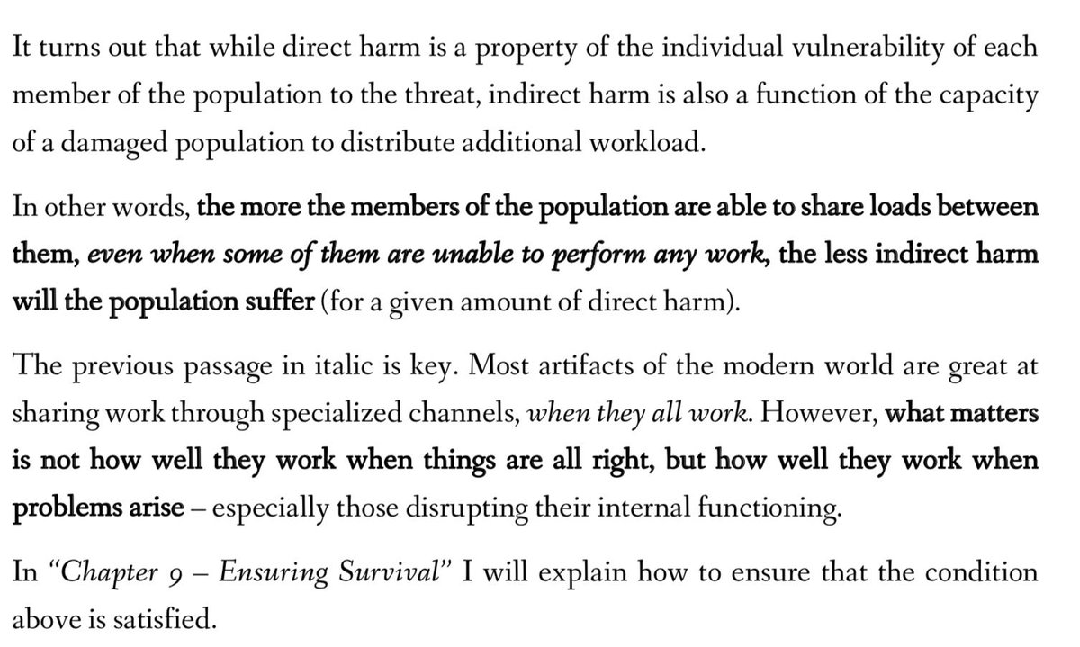 12/ The more distributed an entity, the more likely it is that, when some of its sub-entities will be harmed by a stressors, the harm will be distributed rather than localized.This is important because localized harm tends to create further indirect damage.