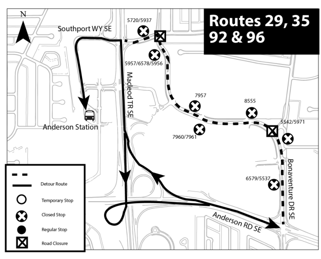 calgarytransit's tweet photo. #CTRiders #Route10, #Route29, #Route35, #Route79, #Route80, #Route92 &amp; #Route96 are on detour until 12 PM today to accommodate CIBC's Run for the Cure. For more information please visit us @ https://t.co/G5bwBXxwnE https://t.co/iSGkF1zbED