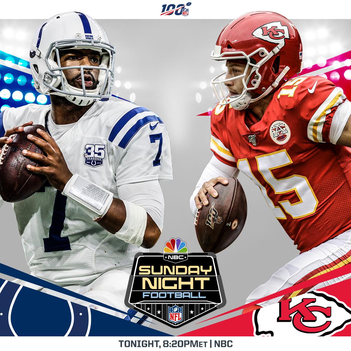 NFL's tweet photo. .@Colts vs. @Chiefs under the BRIGHT LIGHTS. 🌟🌟🌟

📺: #INDvsKC -- TONIGHT at 8:20pm ET on NBC
📱: NFL app // Yahoo Sports app https://t.co/5Pz9RzaEZr