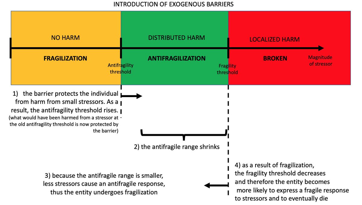 17/ Reducing Skin In The Game makes an entity less antifragile, as described in the picture below. @DrCirillo's Fence Paradox is an example of an exogenous barrier reducing Skin In The Game, ultimately leading to increased fragility.