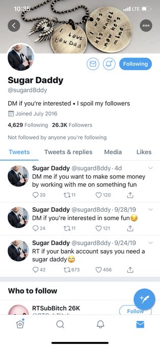 Here&rsquo;s just a few scammers on Twitter! Bewail they&rsquo;re tell you they&rsquo;re a sugar daddy.  They&rsquo;re probably<a href="/tag/skol"class="tags"><span>#skol</span></a>