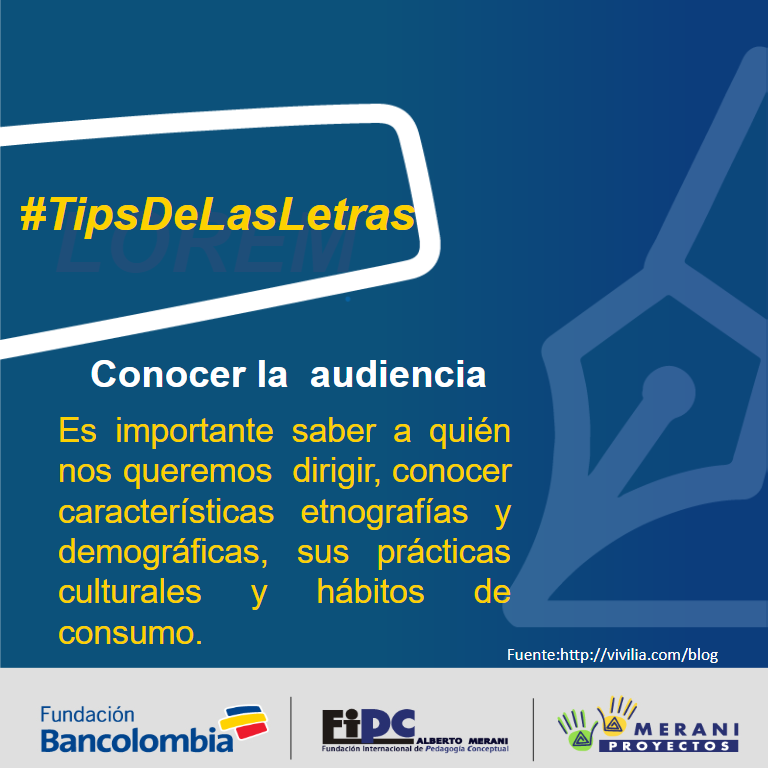 LasletrasvanCol's tweet photo. Hoy en los #TipsDeLasLetras la importancia de saber a quien  vamos a comunicar nuestro mensaje.

#LasLetrasVanPorColombia #MeraniProyectos

Bancolombia  Fundación Alberto Merani - Proyectos https://t.co/mYWRZyhk0Y