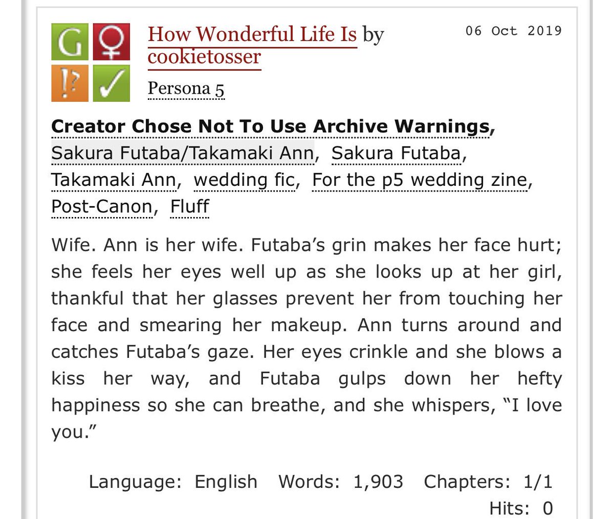 cookietosser's tweet photo. My anntaba piece for the @P5WeddingZine is out on ao3!!! Thank you to all the organizers and participants! https://t.co/6kO2ZqUznb

If you missed pre-sales, you can still get a copy at https://t.co/b2PZxFAtlr !! https://t.co/9KqSEUGi5G