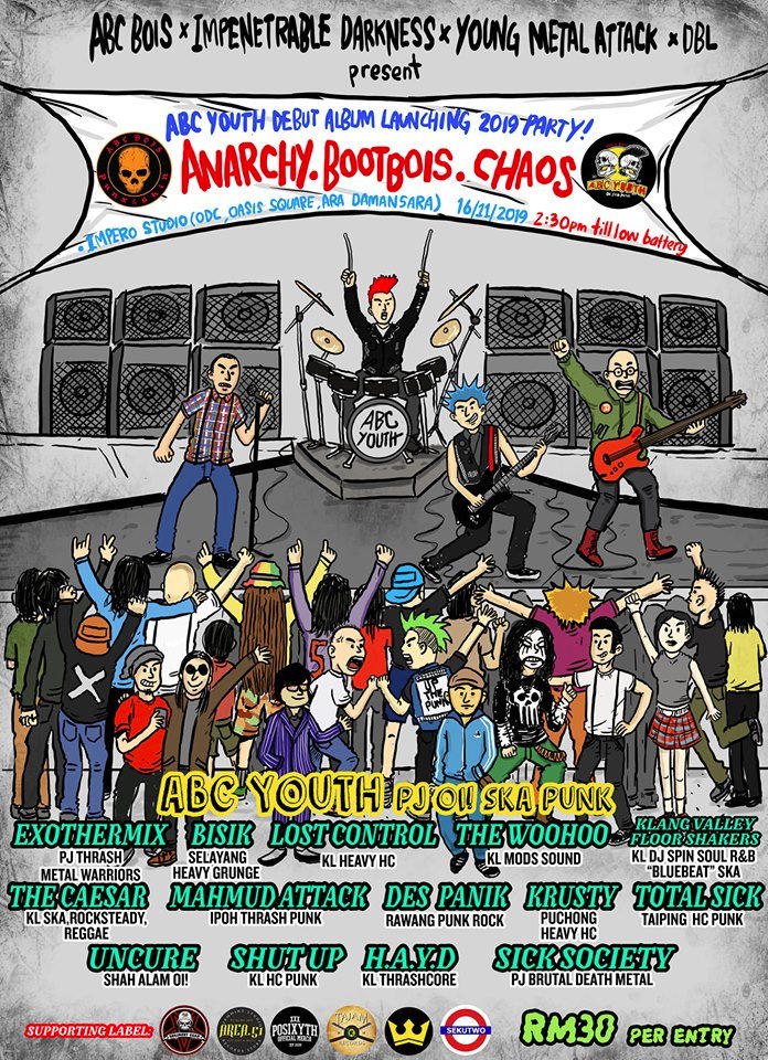 Jenn_Thompson's tweet photo. #PJ SATURDAY November16, 2019 #ABCYouth DEBUT ALBUM LAUNCHING PARTY 230pm ImperoStudio (R07,Jalan PJU 1A/7A, OasisDiscoveryCentre) #OasisDamansara ft. #Exothermix @bisikband @LostControlMY #TheWooHoo #TheCaesar #MahmudAttack @DesPanikBand @krustyhc #TotalSick ++ https://t.co/UFnk03MgzV