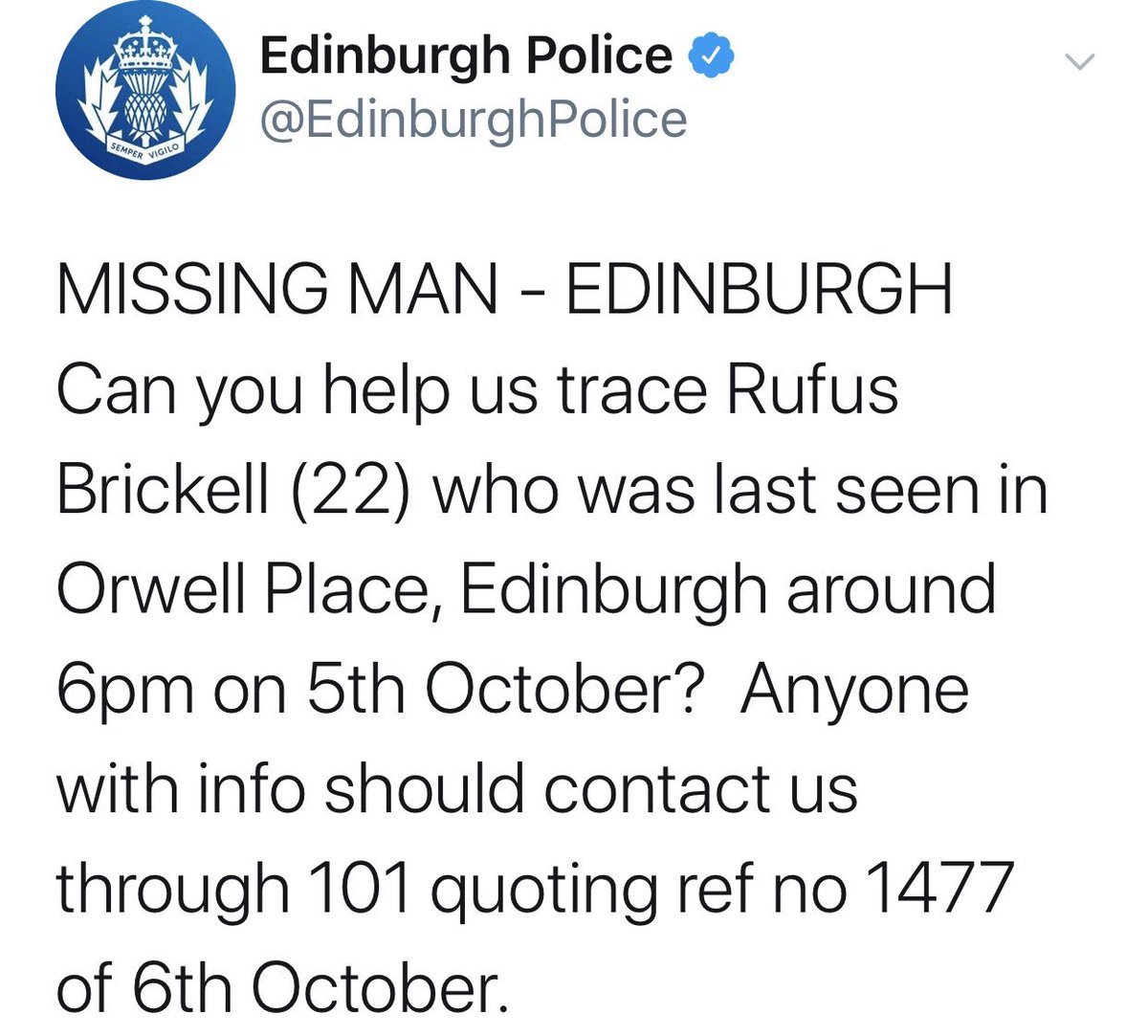 Alastair Bruce (@alastairbruce_) on Twitter photo All of us in #Edinburgh should keep a look out for #RufusBrickell Thanks <a href="/cameronhjhughes/">Cameron Hughes</a> for bringing to my attention. Armed Forces Cadet & other Youth organisations in this city & beyond may be able to help. #Passtheword #Missing #MissingPersons All of us in #Edinburgh should keep a look out for #RufusBrickell Thanks <a href="/cameronhjhughes/">Cameron Hughes</a> for bringing to my attention. Armed Forces Cadet & other Youth organisations in this city & beyond may be able to help. #Passtheword #Missing #MissingPersons
