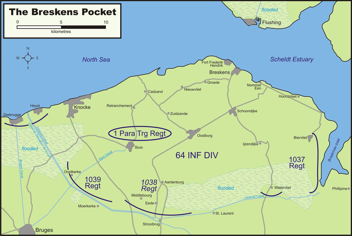 The Breskens Pocket was essentially an island, surrounded by the Leopold Canal, North Sea, Scheldt Estuary, and Braakman Inlet. There was only a narrow land bridge into the pocket through flooded terrain. It's capture would require a creative solution.5/15