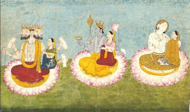 no need to go outside home to realise Devi Durga. She is within each one of us.painting depicts Trinity-Brahma Vishnu Mahesh with their counterparts Devi-Saraswati Laxmi ParvatiDurga in Navratri often revered as these 3 devi(s)?देवीमाहात्म्यMay Devi bless All @V_and_A