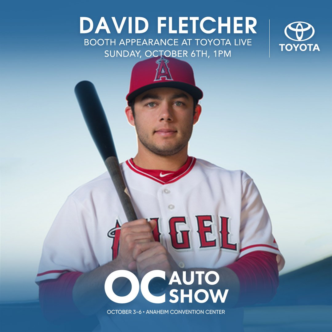 Come see @Angels 3rd baseman David Fletcher at the #ToyotaLive booth, today at 1:00pm! #OCAutoShow Get Tickets: bit.ly/2MYC2Gj