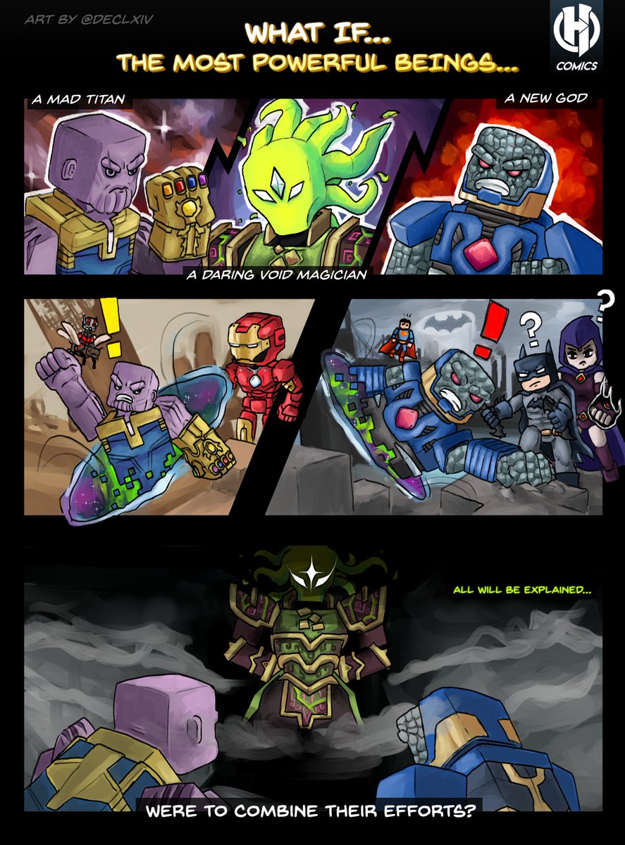 HyCityOfficial's tweet photo. Find out how Marvel & DC characters introduce themselves into the @HeroesOfHytale universe with our first ever comic page! What could Varyn possibly need two of the mightiest villains in existence for? #HeroesOfHytale #comics - Illustrated by @DecLXIV 🦹♀️👊 https://t.co/MqPPG9ON46