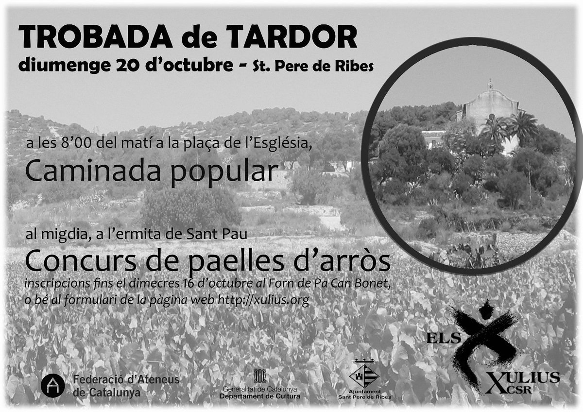 xulius's tweet photo. *TROBADA de TARDOR* - Diumenge 20 d'octubre - A les 8'00 hores caminada popular pels voltants de Ribes. Al migdia a l'ermita de Sant Pau, #concursdepaelles d'arròs.
#TrobadadeConvivencia #Tardor #StPau
#SPRibes
Inscripcions a:
https://t.co/KbWxSub5MY https://t.co/Pmj73mqCvk