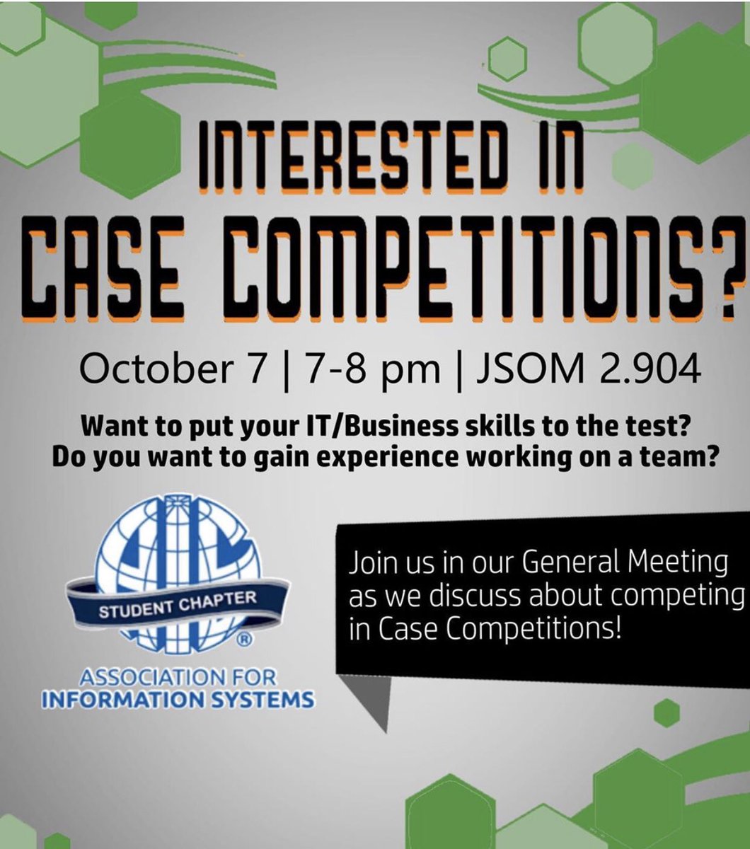 UTDallasAIS's tweet photo. Join AIS in our meeting TOMORROW! Learn more about case competitions that will test your IT/teamwork skills. In order to build a strong team, we are seeking various majors. Whether you are an ITS/Business major, or a SE/CS major, you are invited and we hope to see you tomorrow! https://t.co/QUs8XHhBXy